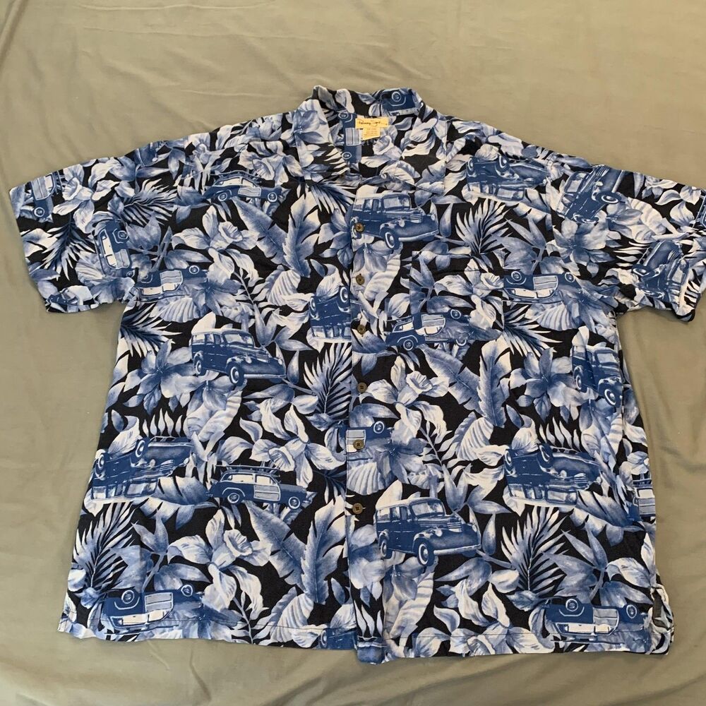 Panama Jack Shirt Mens 2XL Blue White Hawaiian Car Floral Button Up‎ Rayon Beach